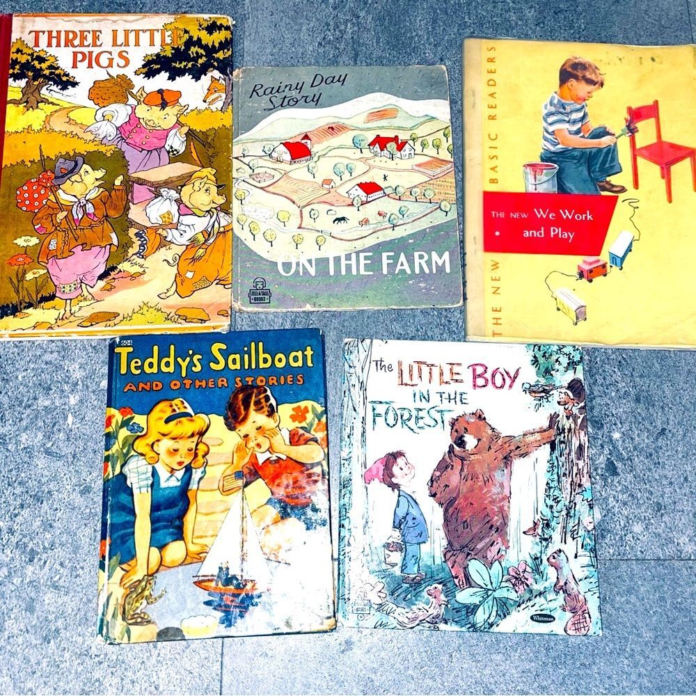 Lot 5 antique kids books incl Three Little Pigs Hardcover on the farm, sailboat